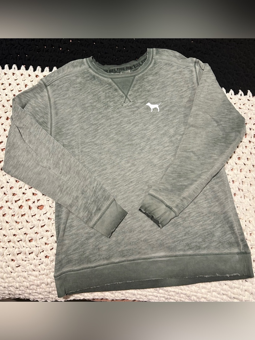 PINK Victoria's Secret Olive Green/Black shade Crewneck Sweatshirt with Dog Logo